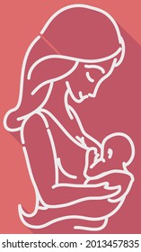 Tender design in long shadow and line style, depicting a breastfeeding scene of mother carrying her baby in arms.