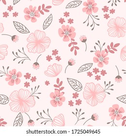 Tender ditsy pattern in pink colors. Cute flowers, leaves, small branches. Tiny blossom vector illustartion. 