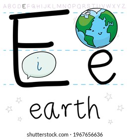 Tender Earth planet, tomando su lección de gramática y practicando la pronunciación de la letra 'E' en alfabeto inglés.