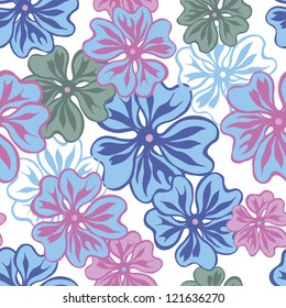 Tender and elegance  hand drawn flowers seamless pattern in blue and pink. Flowers texture