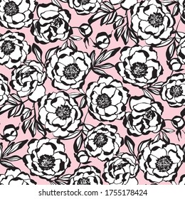 Tender elegant Paris style peony flower seamless pattern for background, fabric, textile, wrap, surface, web and print design. Floral hand drawn vector tile rapport
