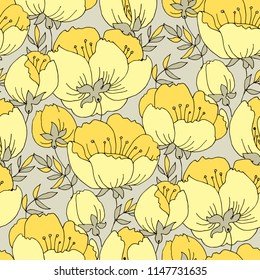 Tender elegant yellow rose flower seamless pattern. Apple tree blossom repeatable motif for background, wrapping paper, fabric, surface design. Floral stock illustration