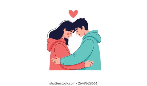A tender embrace between two young lovers sharing a moment of deep affection and connection under a small heart symbolizing their love