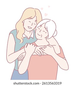 A tender embrace is shared between a young woman and an older lady, symbolizing deep love and connection