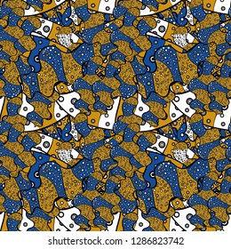 Tender fabric pattern. Blue, black and yellow on colors. Vector. Doodles pattern. Seamless Abstract interesting background.