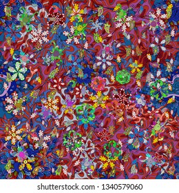 Tender fabric pattern. Design. Seamless pattern Print. Vector. Doodles red, orange and blue on colors. Flat elements.