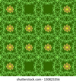 Tender fabric pattern. Doodles green, yellow and brown on colors. Seamless pattern Print. Design. Flat elements. Vector.