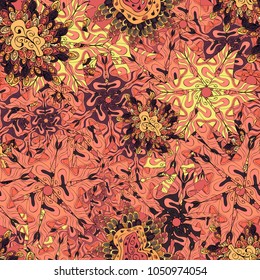 Tender fabric pattern. Doodles pink, orange and black on colors. Vector. Seamless pattern Print. Flat elements. Design.