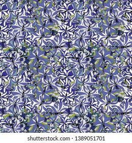 Tender fabric pattern. Doodles pattern. Vector. Seamless Abstract interesting background. White, blue and black on colors.