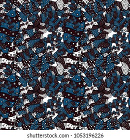 Tender fabric pattern. Seamless Abstract interesting background. Black, brown and blue on colors. Vector. Doodles pattern.