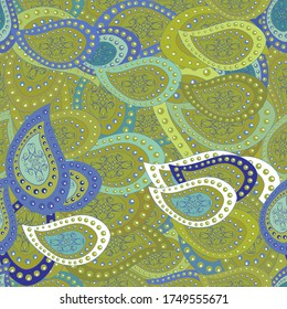 Tender fabric pattern. Seamless Abstract interesting background. Doodles pattern. Yellow, green and blue on colors. Vector.