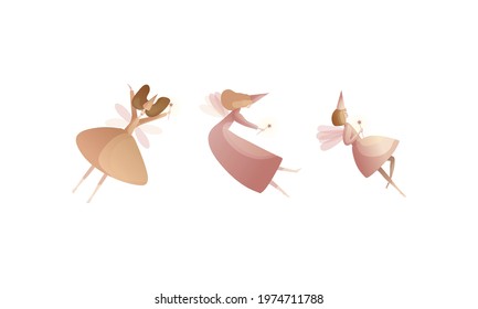 Tender Fairies in Neat Dresses Fluttering with Magic Wand Vector Set