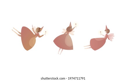 Tender Fairies in Neat Dresses Fluttering with Magic Wand Vector Set