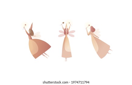 Tender Fairies in Neat Dresses Fluttering with Magic Wand Vector Set