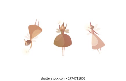 Tender Fairies in Neat Dresses Fluttering with Magic Wand Vector Set