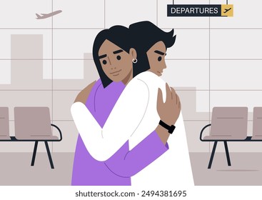 A Tender Farewell at the Departure Gate, Two characters embrace in a heartfelt goodbye at an airport departing area