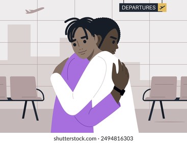 A Tender Farewell at the Departure Gate, Two characters embrace in a heartfelt goodbye at an airport departing area