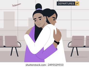 A Tender Farewell at the Departure Gate, Two characters embrace in a heartfelt goodbye at an airport departing area