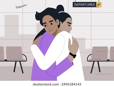 A Tender Farewell at the Departure Gate, Two characters embrace in a heartfelt goodbye at an airport departing area