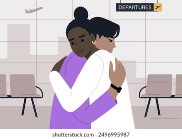 A Tender Farewell at the Departure Gate, Two characters embrace in a heartfelt goodbye at an airport departing area