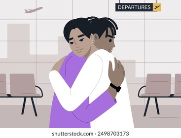 A Tender Farewell at the Departure Gate, Two characters embrace in a heartfelt goodbye at an airport departing area