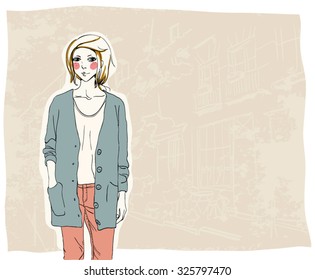 Tender Fashion girl in vintage style on background of old town