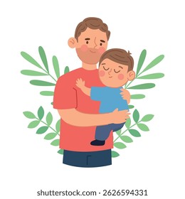 Tender Father and Son Embrace Surrounded by Nature Elements