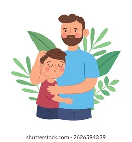 Tender Father and Son Embrace Surrounded by Nature Elements