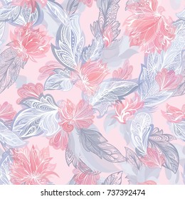 Tender Feather Pattern
Seamless romantic texture with doodle ornamental flowers and tribal elements in pastel red and grey colors on soft pink background