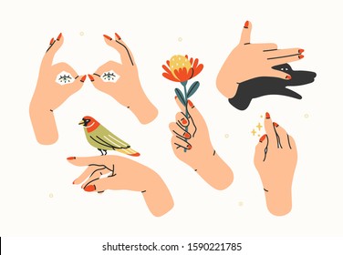 Tender Female Hands. Different Gestures. Hands With Bird And Flower. Shadow Puppet Barking Dog. Hand Drawn Colored Trendy Vector Illustration. All Elements Are Isolated