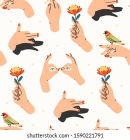 Tender female hands. Different gestures. Hands with bird and flower. Shadow puppet barking dog. Hand drawn colored trendy vector illustration. Modern seamless pattern. Perfect for textile prints