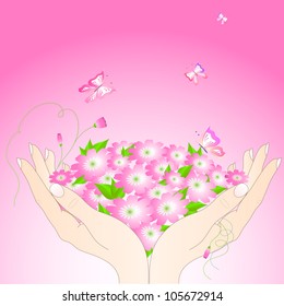 Tender female hands with flowers and butterflies. Vector.