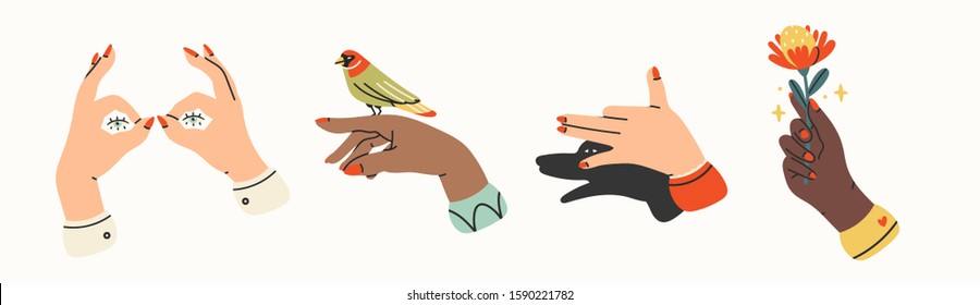 Tender female hands. Various nationalities. Different gestures. Hands with bird and flower. Shadow puppet barking dog. Hand drawn colored trendy vector illustration. All elements are isolated