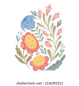 Tender flat illustration of flowers with a folk arts on a white background. Vector floral arrangement with naive ornaments. Nature gentle clipart for postcards and stickers