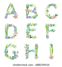 Tender Floral Alphabet with Decorative Nature Elements Vector Set