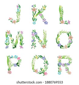 Tender Floral Alphabet with Decorative Nature Elements Vector Set