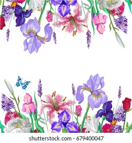 Tender floral empty template with butterfly, vector hand drawn design on white