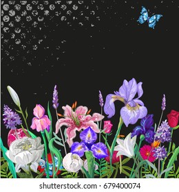 Tender floral empty template with butterfly, vector hand drawn design on black with grunge