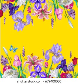Tender floral empty template with butterfly, vector hand drawn design on bright yellow