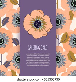 Tender floral greeting, wedding or menu template with cute poppy flower pattern on background. Can be used as card or invitation