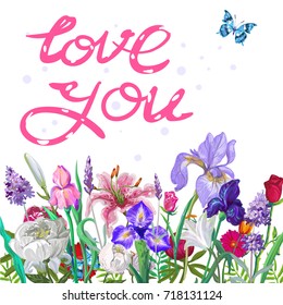 Tender floral LOVE YOU template with butterfly, vector hand drawn design on white