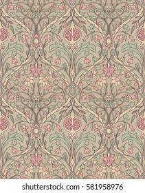 Tender floral pattern. Seamless filigree ornament. Stylized template for wallpaper, textile, linen, bedspread, curtain, shawl, tile, carpet and any surface.