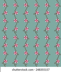 A tender floral pattern of vines and pink stylized flowers on light blue background.