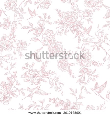 Tender  Floral pink seamless pattern, Elegant Line Art Design