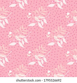 Tender floral seamless doodle pattern with foliage bouquets. Forest branches in white color on pink dotted background. Designed for wallpaper, textile, wrapping, fabric print. Vector illustration.