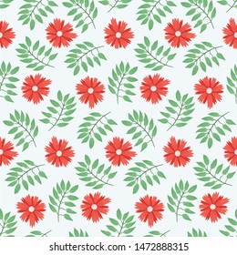 Tender floral seamless pattern with cute red flowers and fresh green branches with leaves. Summer botanical texture with blossoms and herbs for textile, wrapping paper, background, surface, wallpaper
