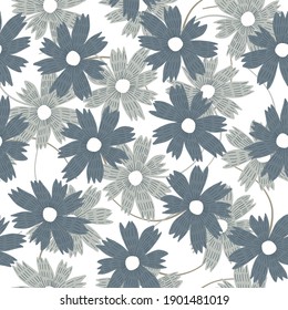 Tender floral seamless pattern with indigo blue and gray pastel hand drawn aster flowers on white background. Doodle botanical texture for textile, wrapping paper, surface, wallpaper