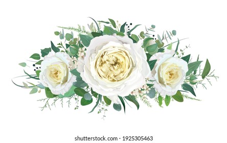 Tender, floral, wedding bouquet design with delicate cream yellow cabbage garden Roses, ivory white wax flowers, Eucalyptus green leaves, branches, elegant fern greenery. Editable, isolated vector art