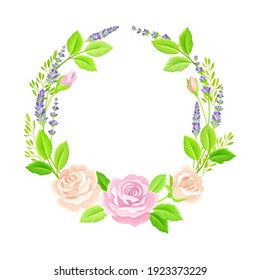 Tender Floral Wreath Arranged from Lavender Twigs and Rose Buds Vector Illustration