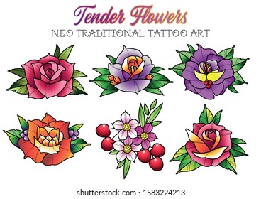 Tender Flowers Neo Traditional Tattoo Art, Roses, Cherry